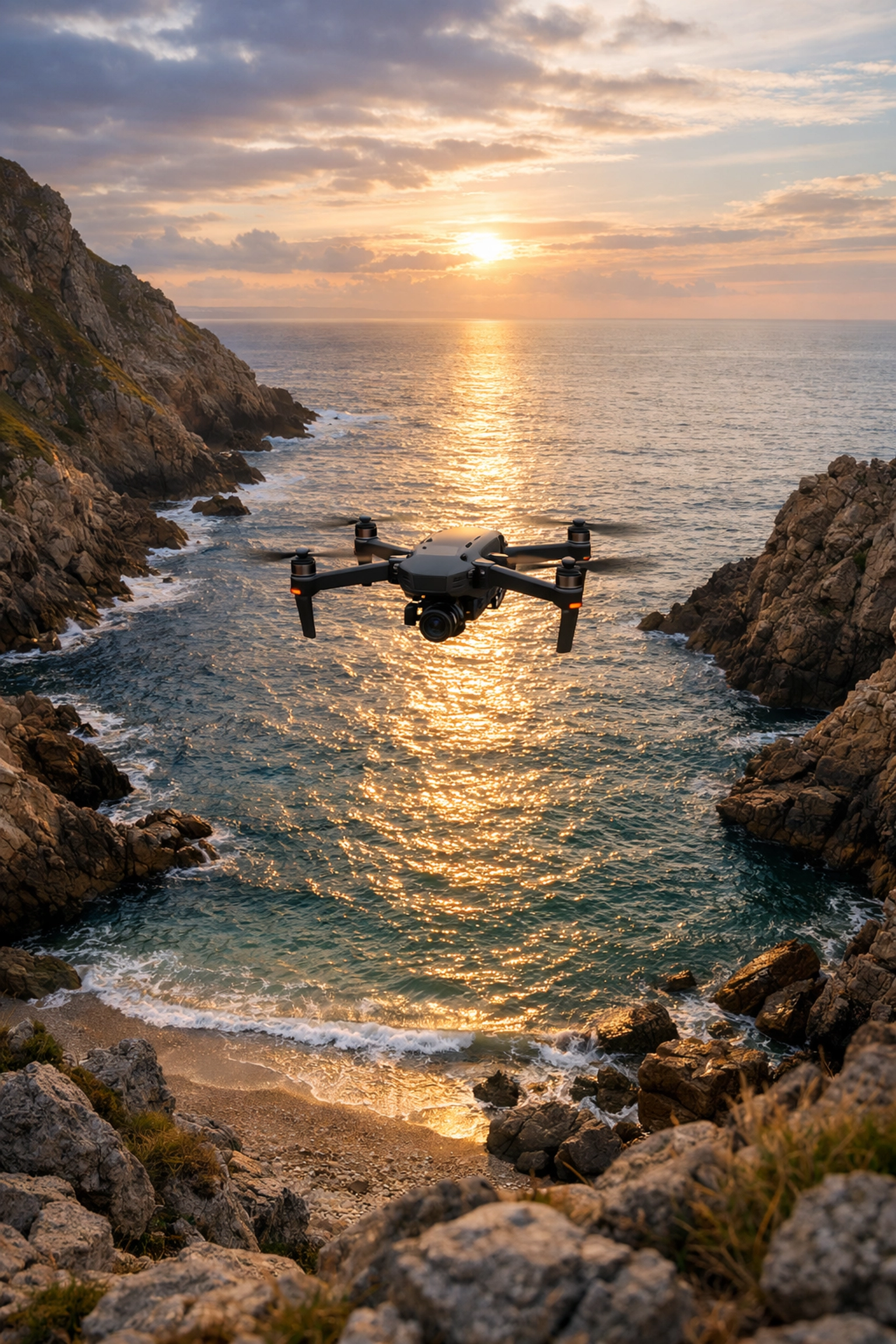 A professional drone performing a peaceful ceremony for scattering ashes at sea over a secluded coastal cove.