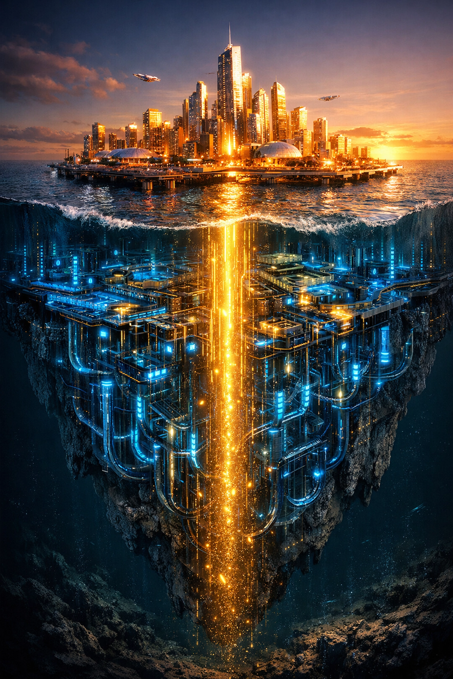 Technical infrastructure below water powering visible business outcomes in an observability strategy.