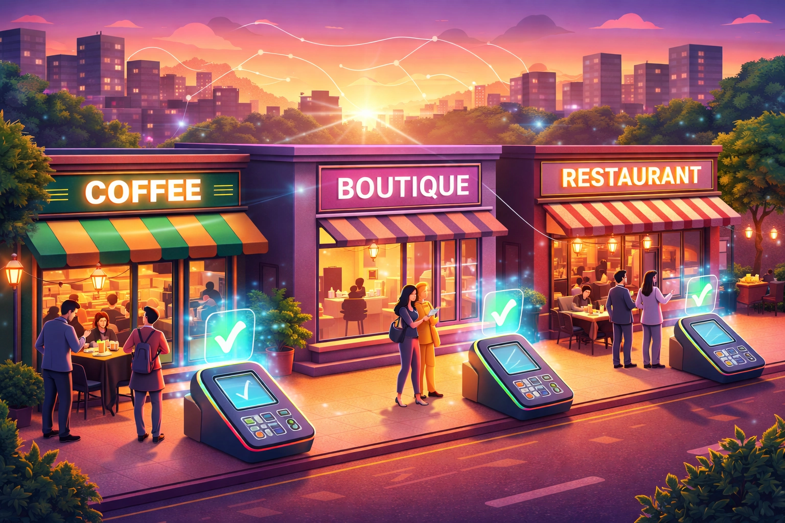 Small business storefronts using crypto POS systems for fast, seamless payments on a connected main street.