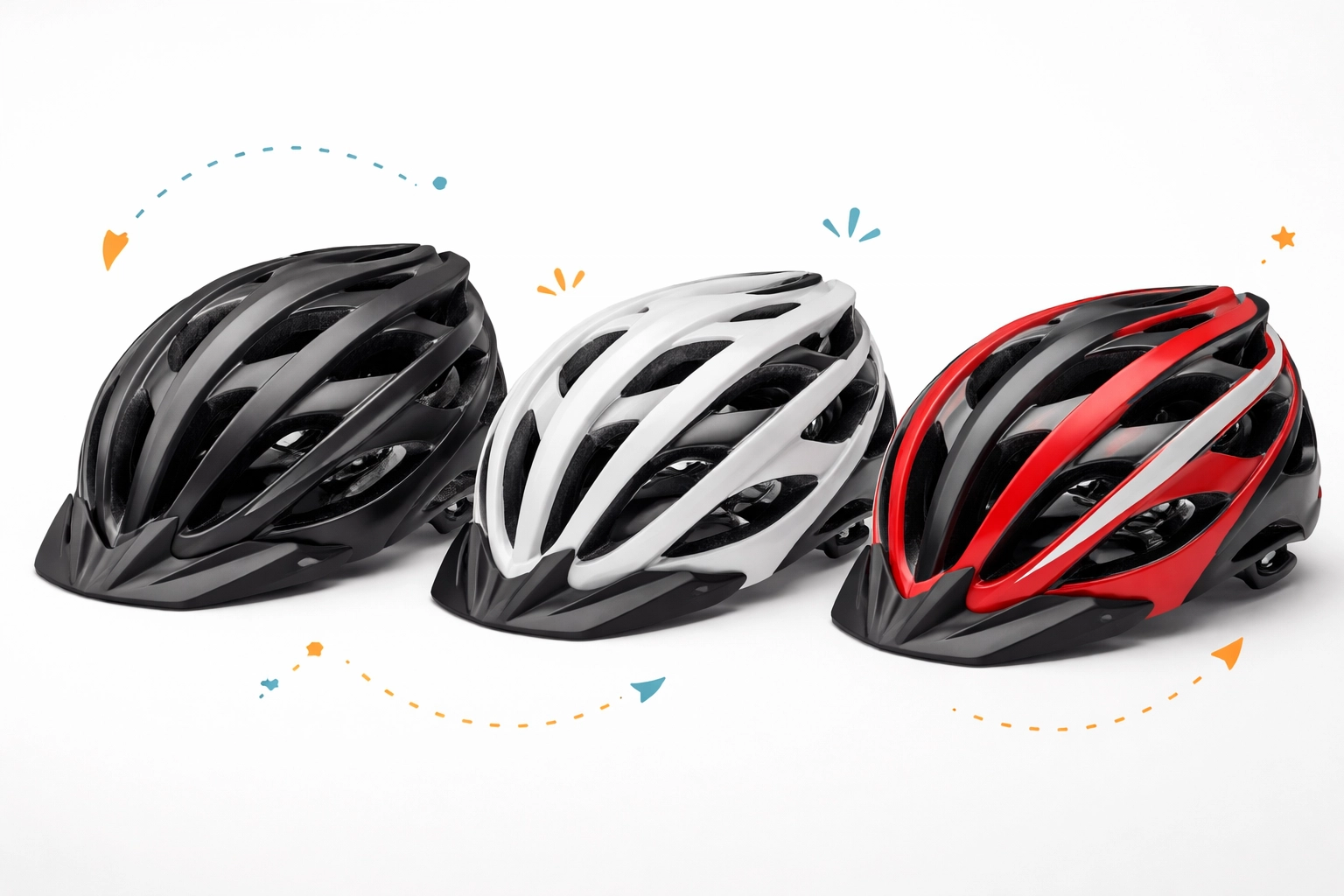 Three cycling helmets displayed in a row, showcasing discounted, high-quality options in The Bike Shop