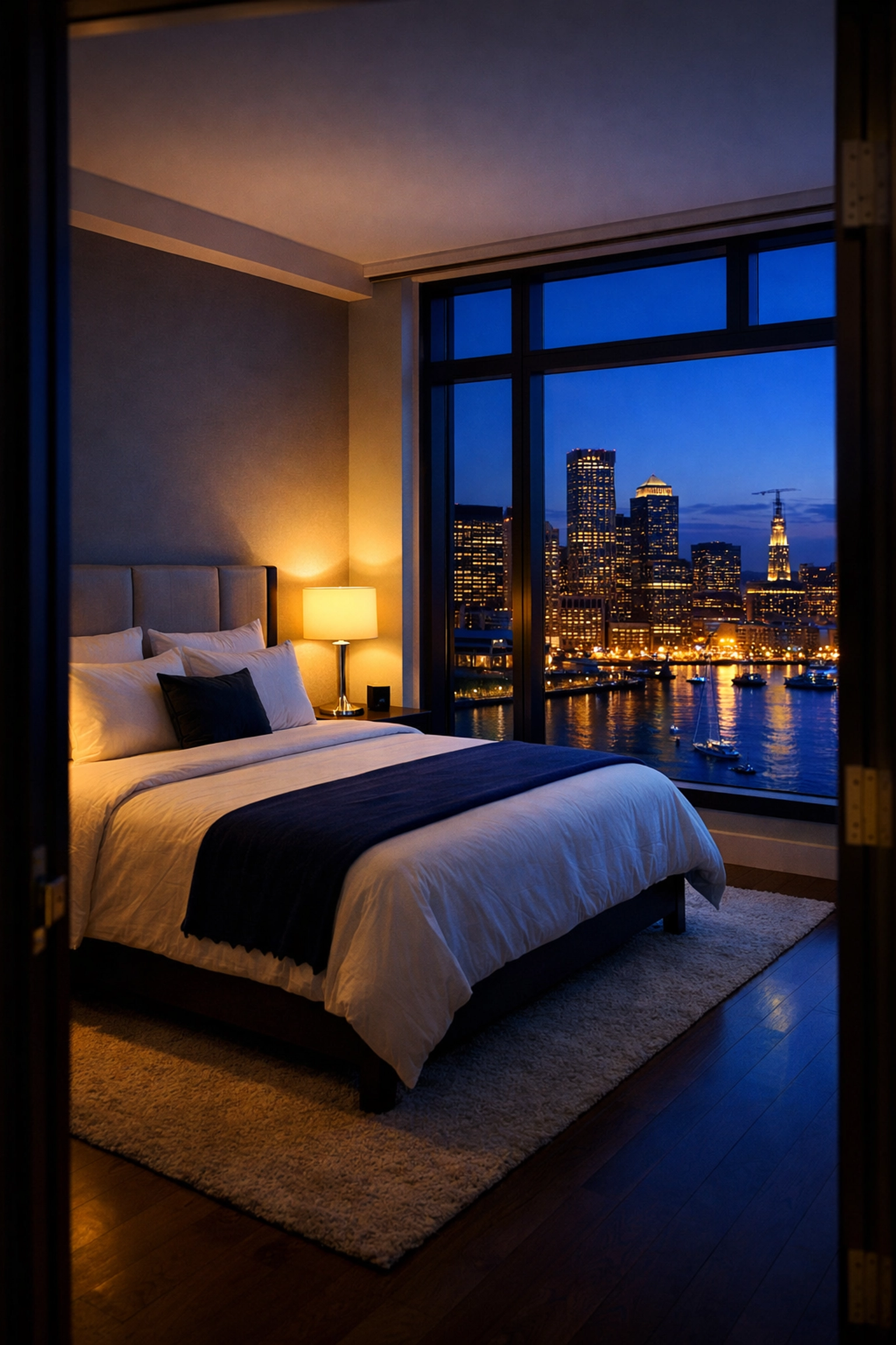 Spotless high-rise bedroom in the Seaport area maintained through recurring apartment cleaning Boston.