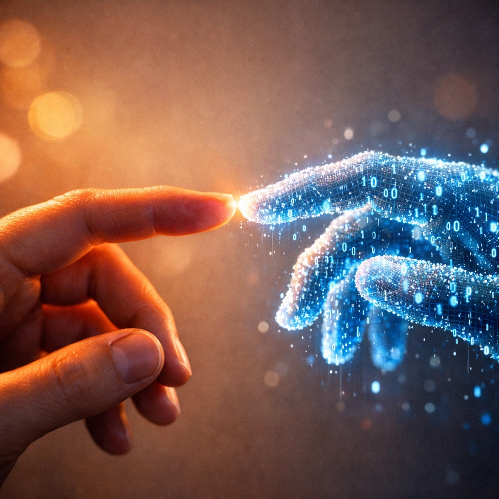 Human and digital hands touching to represent the bridge between human empathy and artificial intelligence.