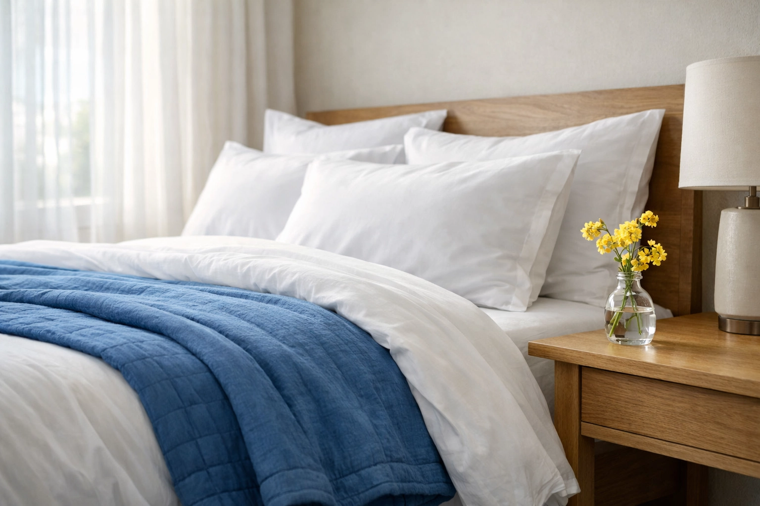 Freshly cleaned Lancaster bedroom featuring crisp white linens and sunlight through sheer curtains.