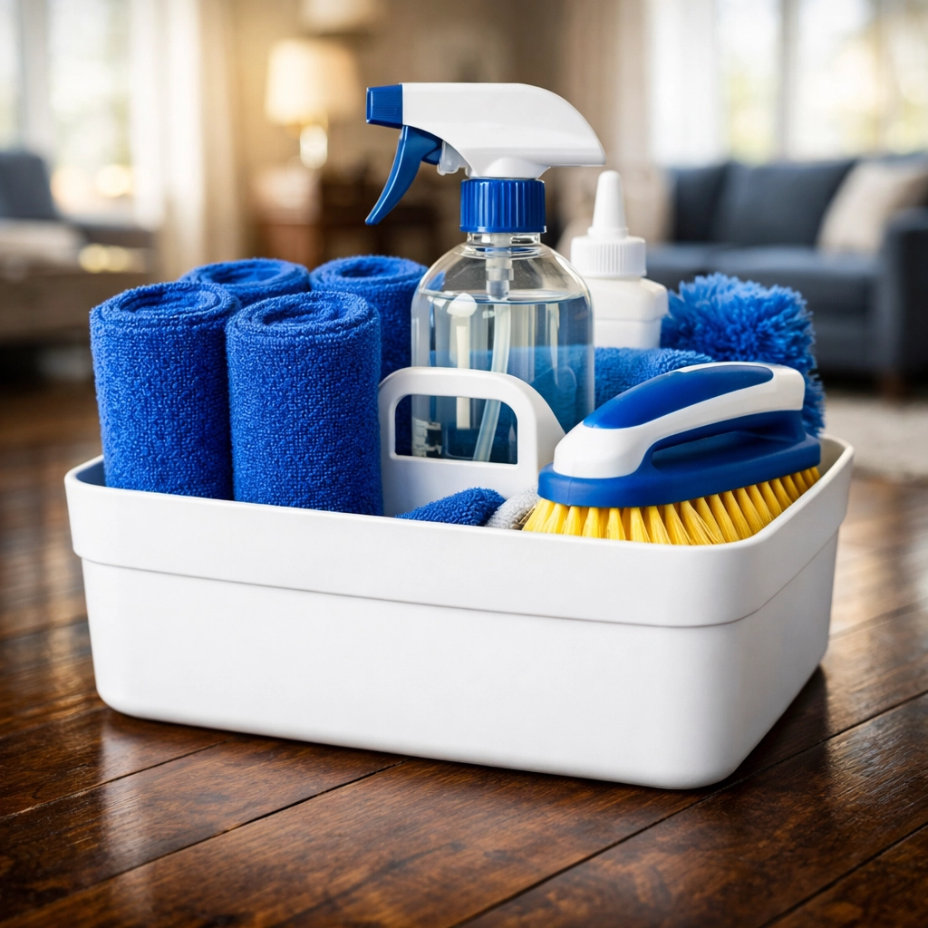 Organized cleaning supplies and caddy for efficient luxury house cleaning MA in a high-end apartment.