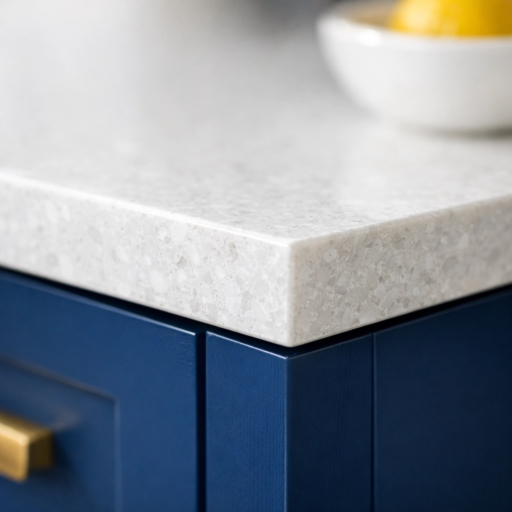 Detailed view of polished quartz countertops and cabinetry after post construction cleaning in Carlisle.