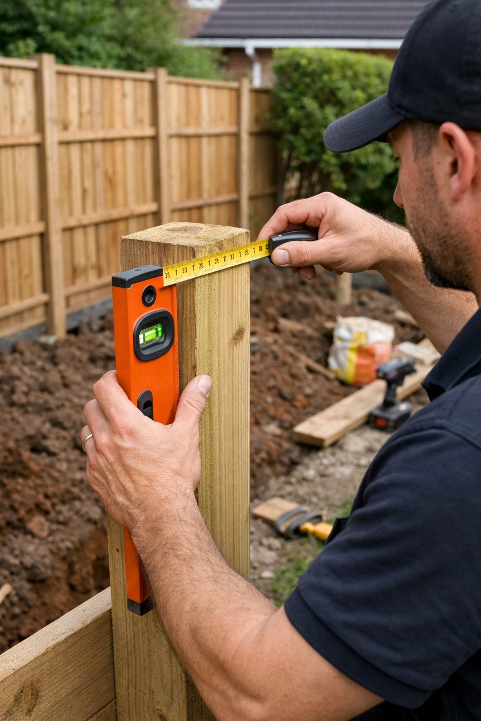Professional fence installer checking wooden post alignment with spirit level in Manchester garden