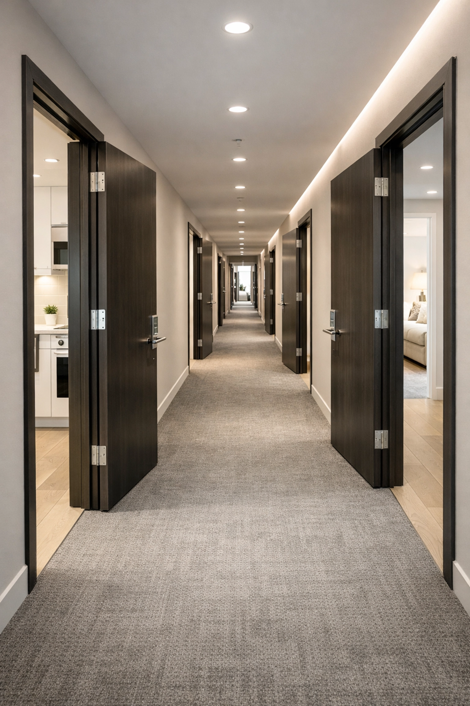 Modern Detroit multifamily apartment hallway showing consistent deep cleaning results in every unit.