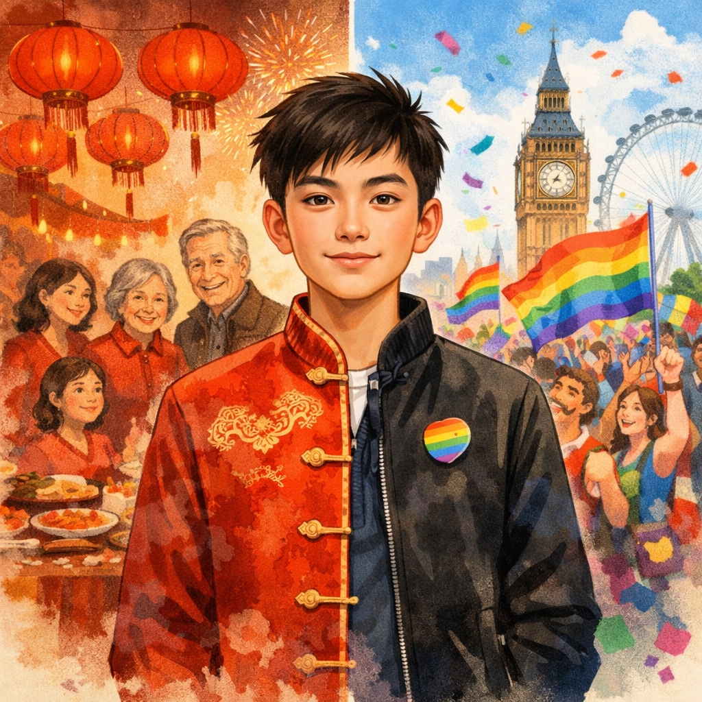 Gay British-Asian teen bridging traditional Chinese New Year and London Pride celebrations