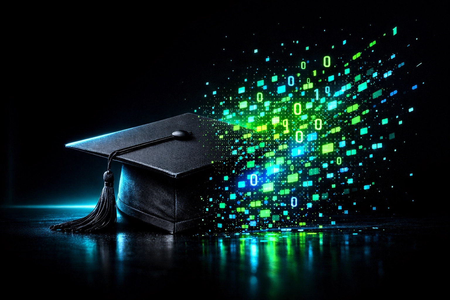 Graduation cap dissolving into digital code symbolizing AI-driven campus-to-career assessments.