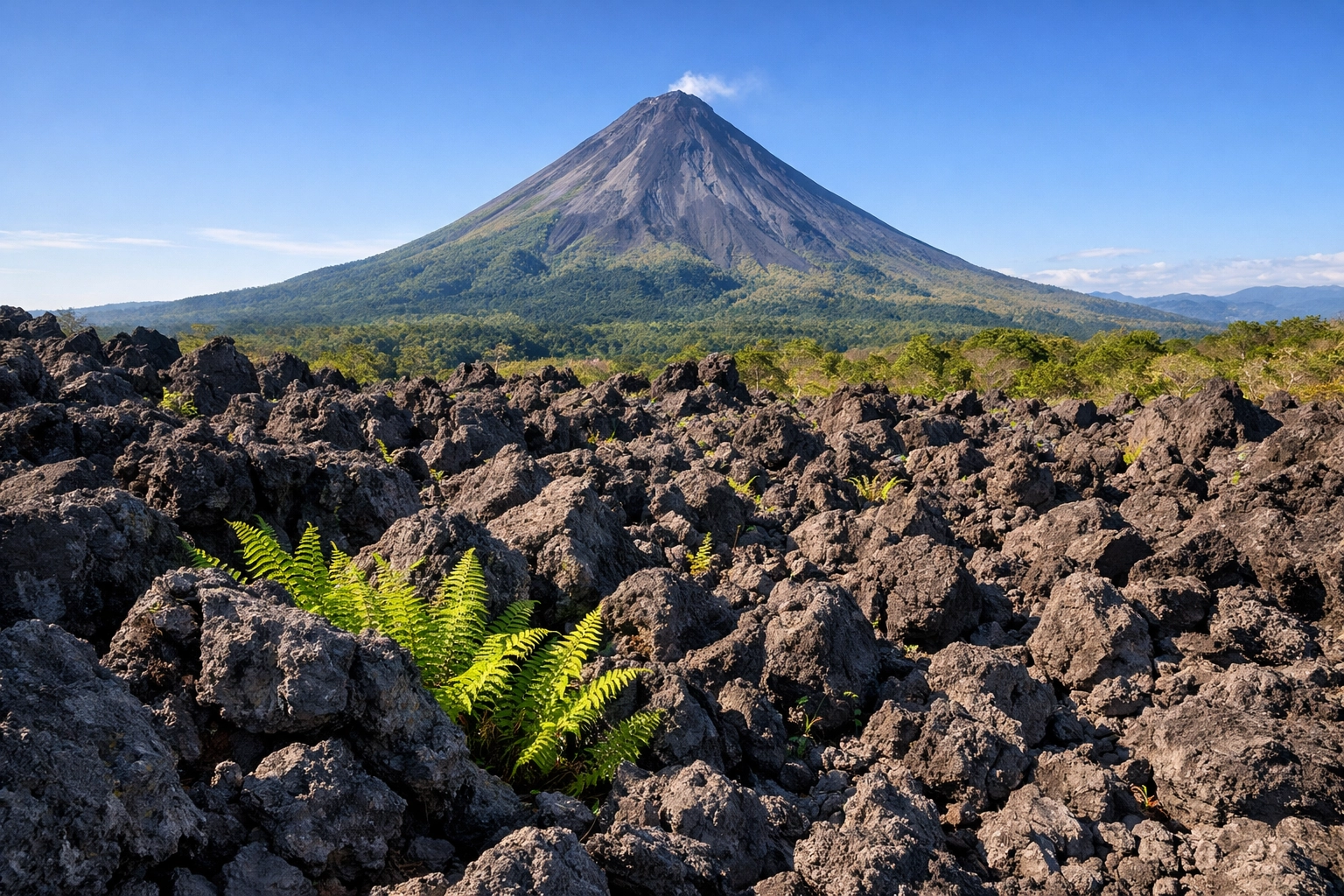 Arenal Volcano in Costa Rica showing the 1968 lava trail and volcanic rock formations for Earth science study.