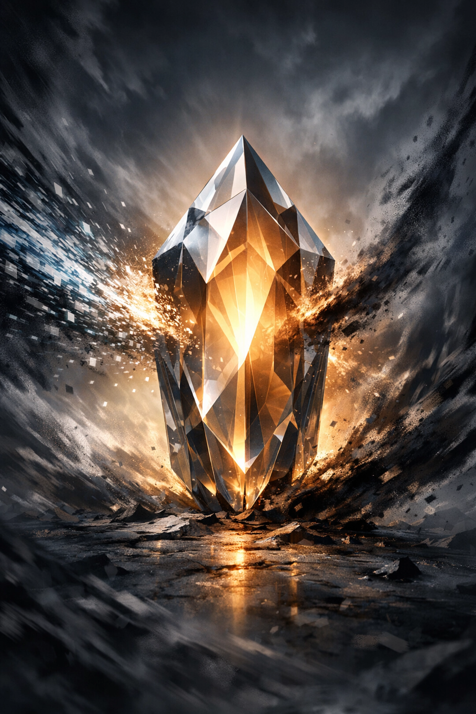 A strong crystalline structure representing strategic resilience standing firm against digital chaos.