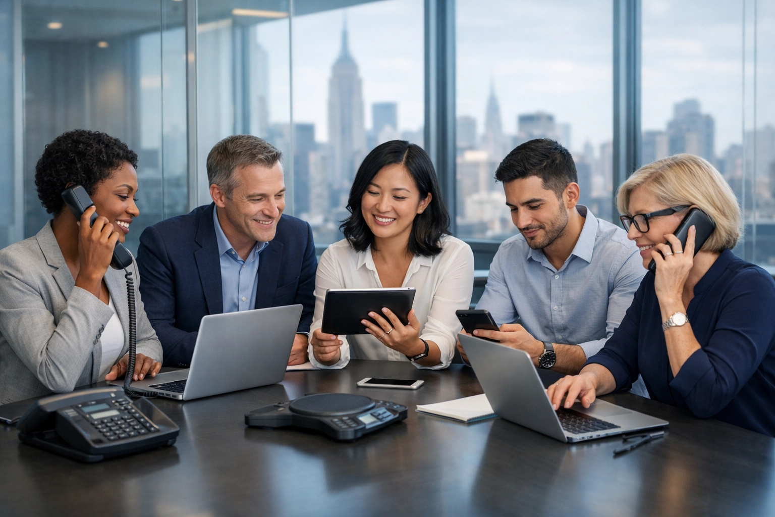 Business team collaborating with cloud phone systems in NYC conference room