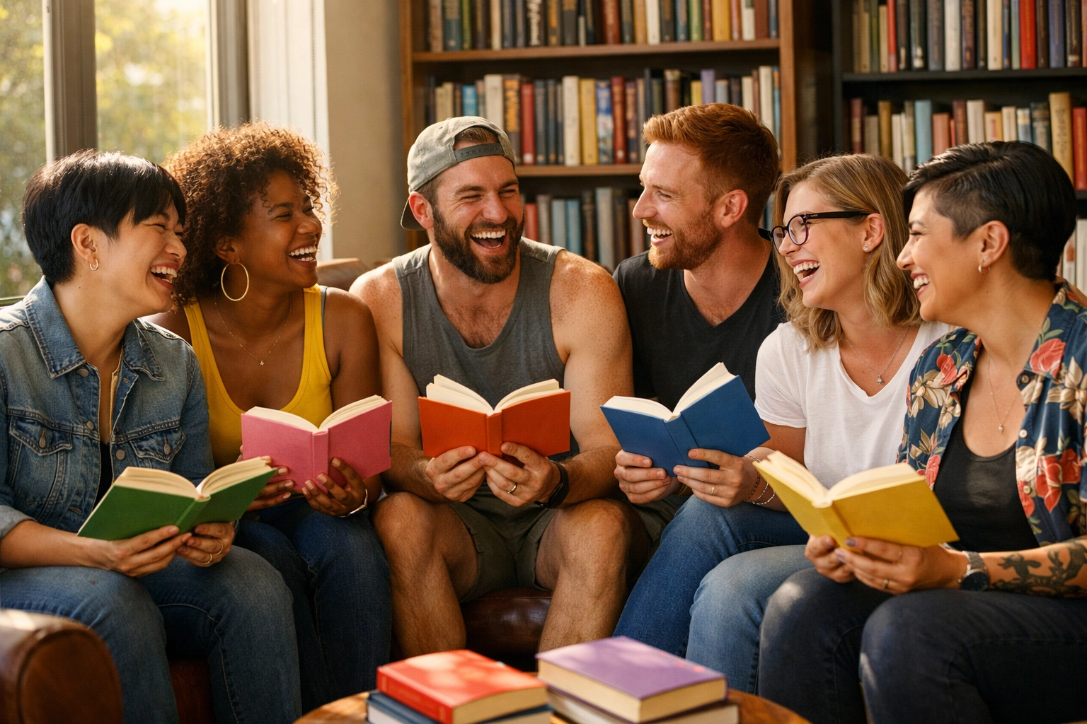 A diverse group of LGBTQ+ friends discussing MM romance books in a cozy library book club.