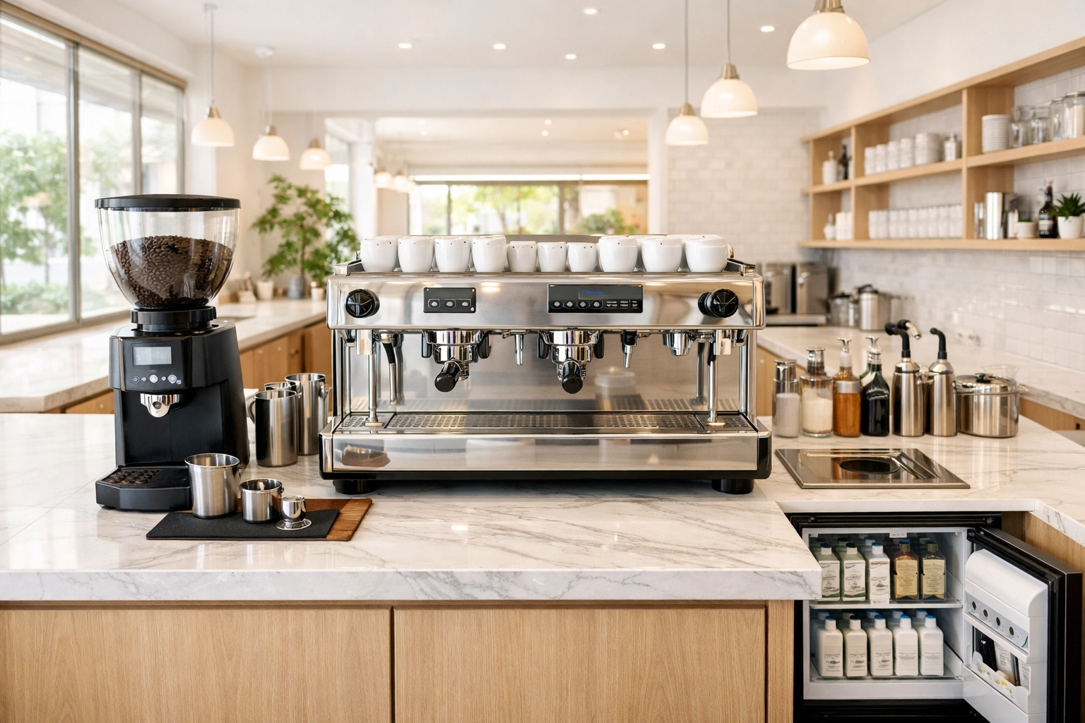 Efficient coffee shop layout and barista workflow design with modern equipment and marble counters.