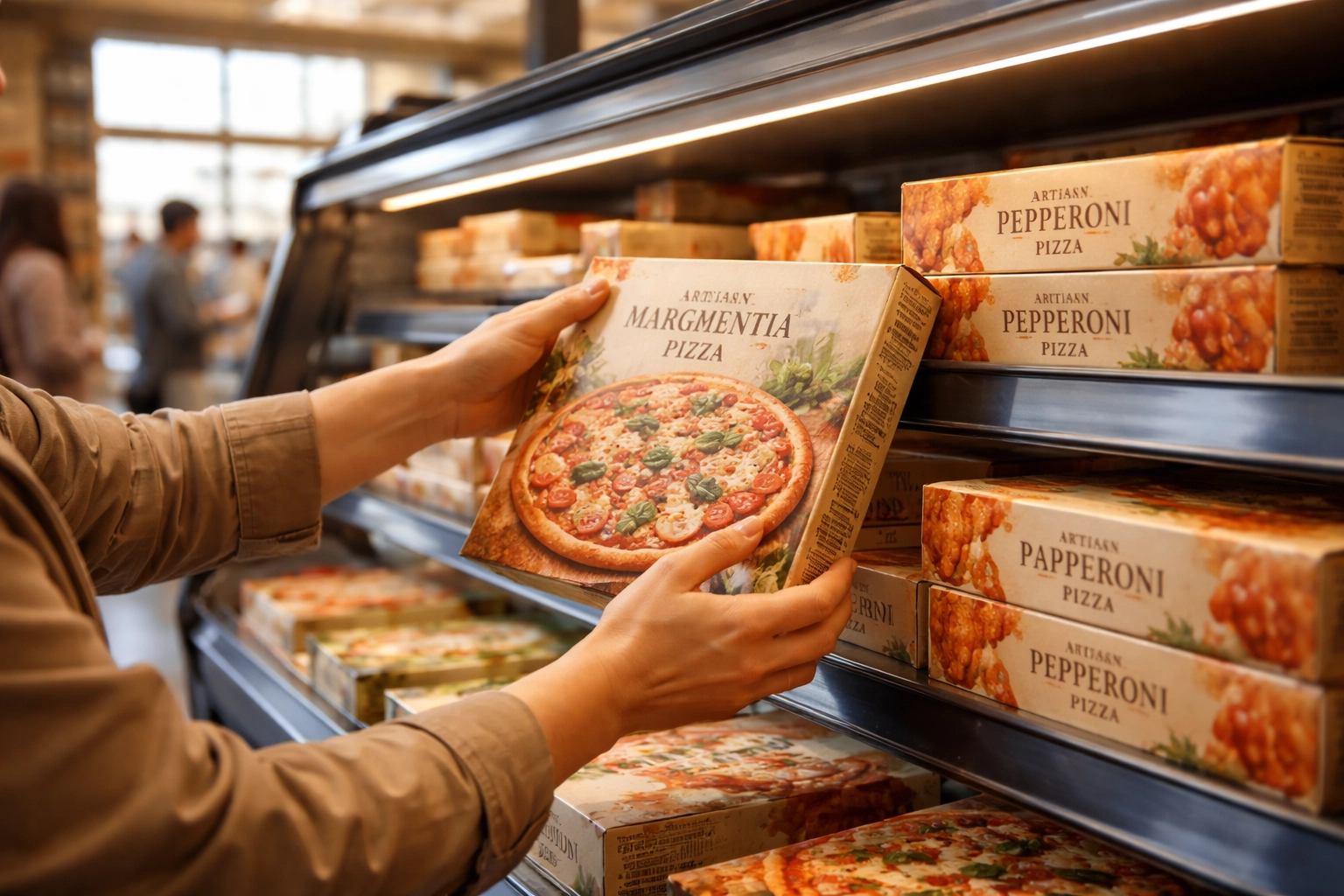 Customer selecting Flour & Water frozen pizza at grocery store, illustrating retail demand testing for restaurant expansion.