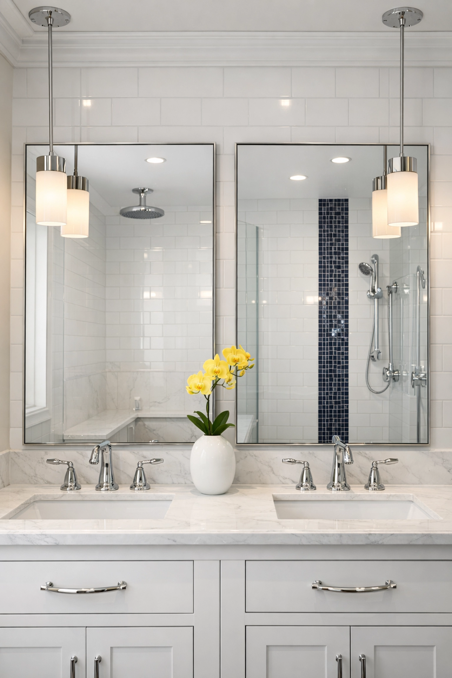 Deep cleaned bathroom vanity with a sparkling mirror and polished chrome fixtures for professional photos.