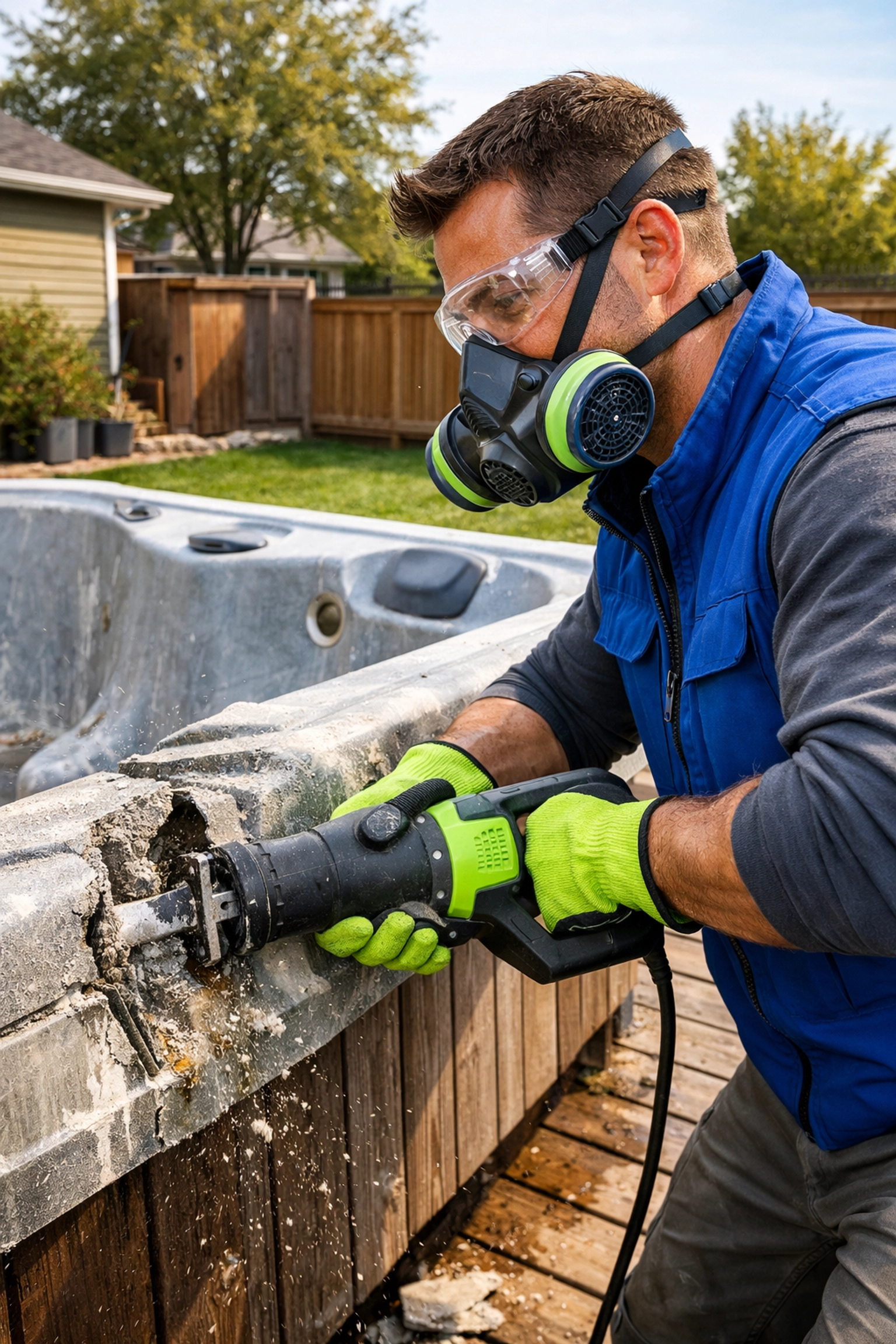 Junk GTA owner Roman safely cutting a dead hot tub into sections for removal on a deck in Newmarket.