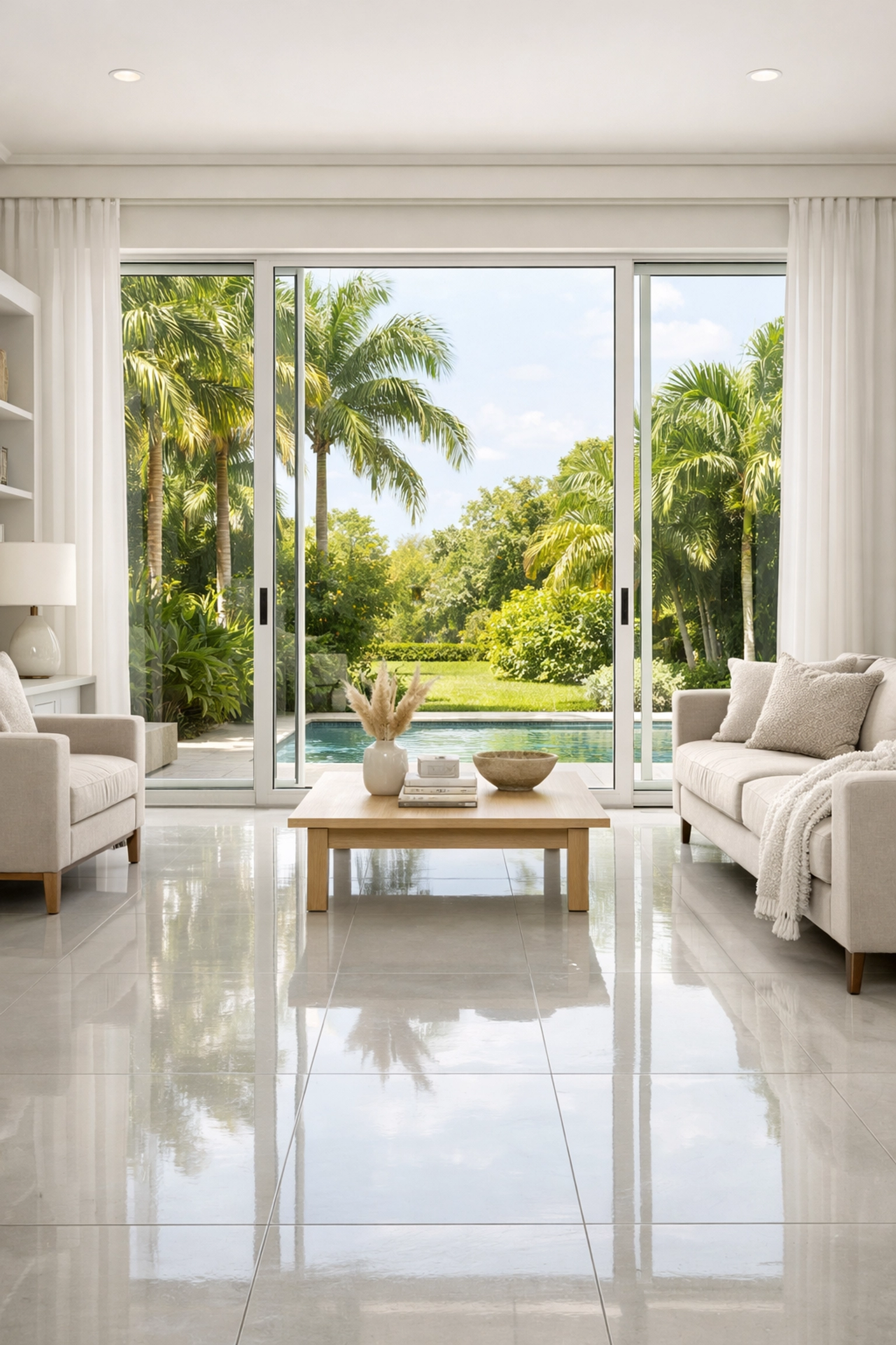 Bright Orlando home interior with moisture-resistant porcelain tile flooring resisting high Florida humidity.
