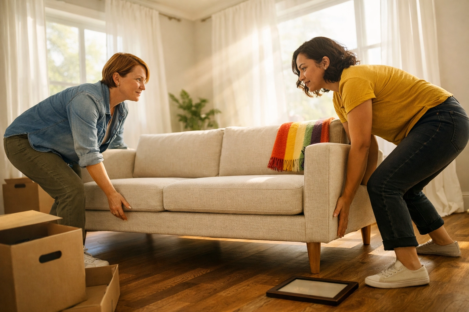 Two queer women moving furniture in a sunlit room, illustrating chosen family support and LGBTQ+ resilience.