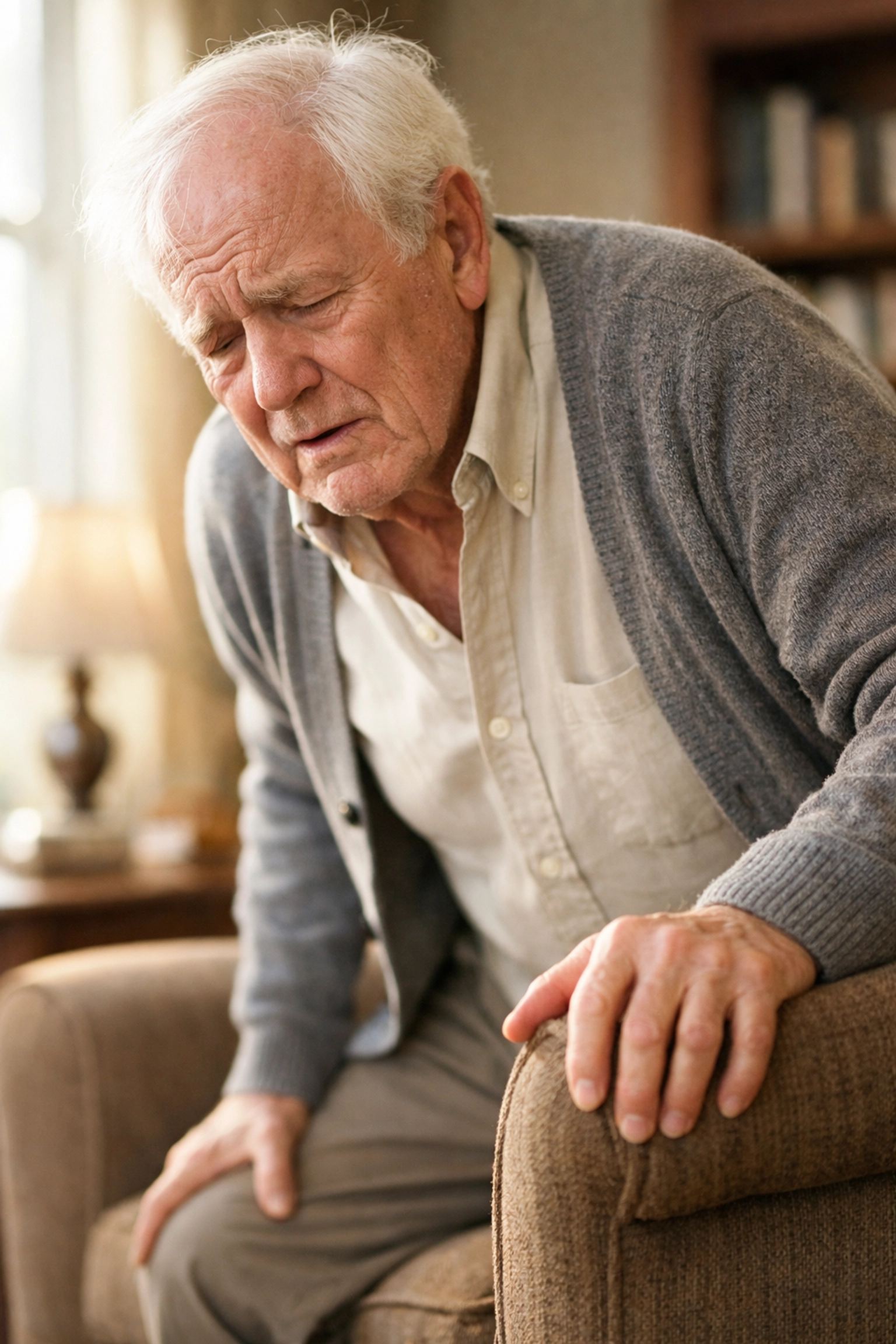 Elderly man feeling dizzy while standing up showing orthostatic hypotension symptoms