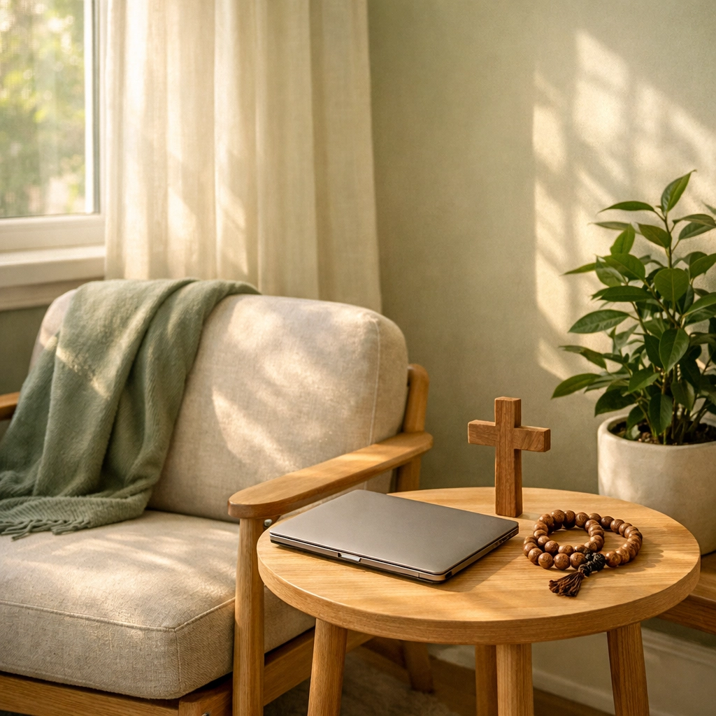 Peaceful reading corner with Bible and closed laptop for intentional news boundaries
