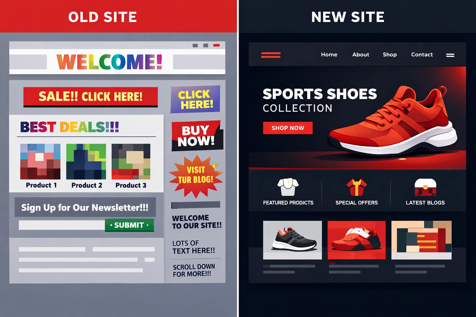 Before and after comparison showing outdated website versus modern website redesign Bristol