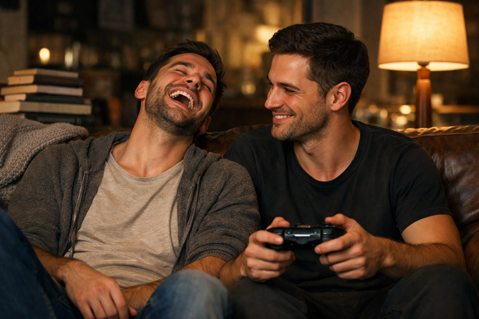 Two male best friends laughing on a sofa, representing the deep emotional bond found in MM romance novels.