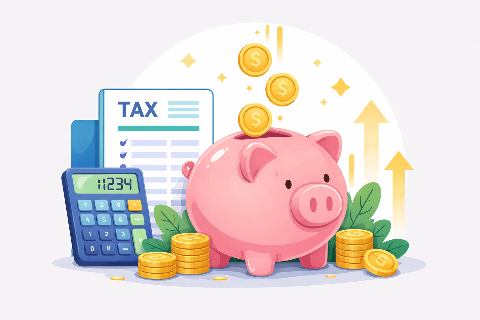 Illustration of a piggy bank receiving coins, calculator, and tax forms highlighting Child Tax Credit savings.