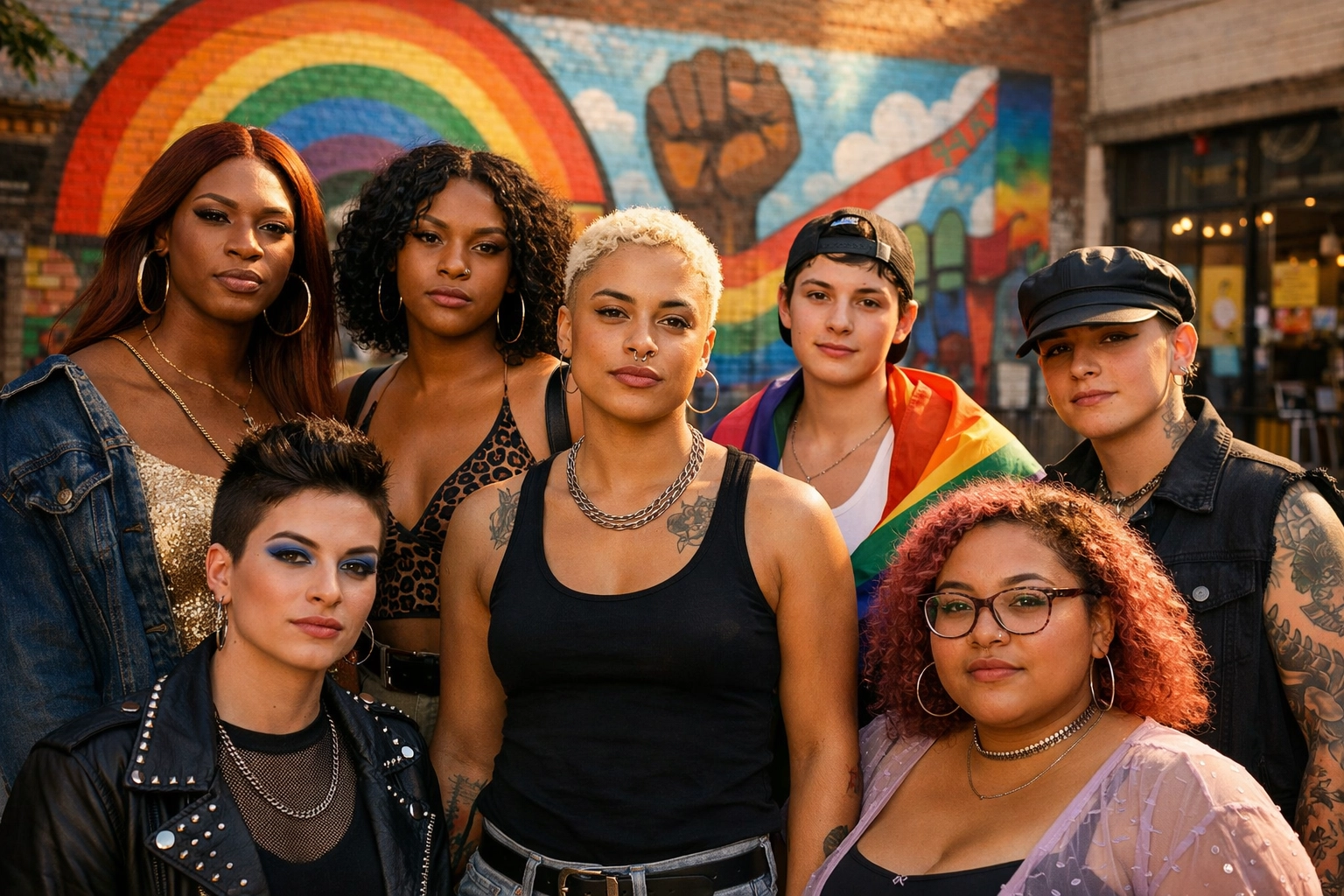 Diverse LGBTQ+ community members including Black trans women standing together in solidarity