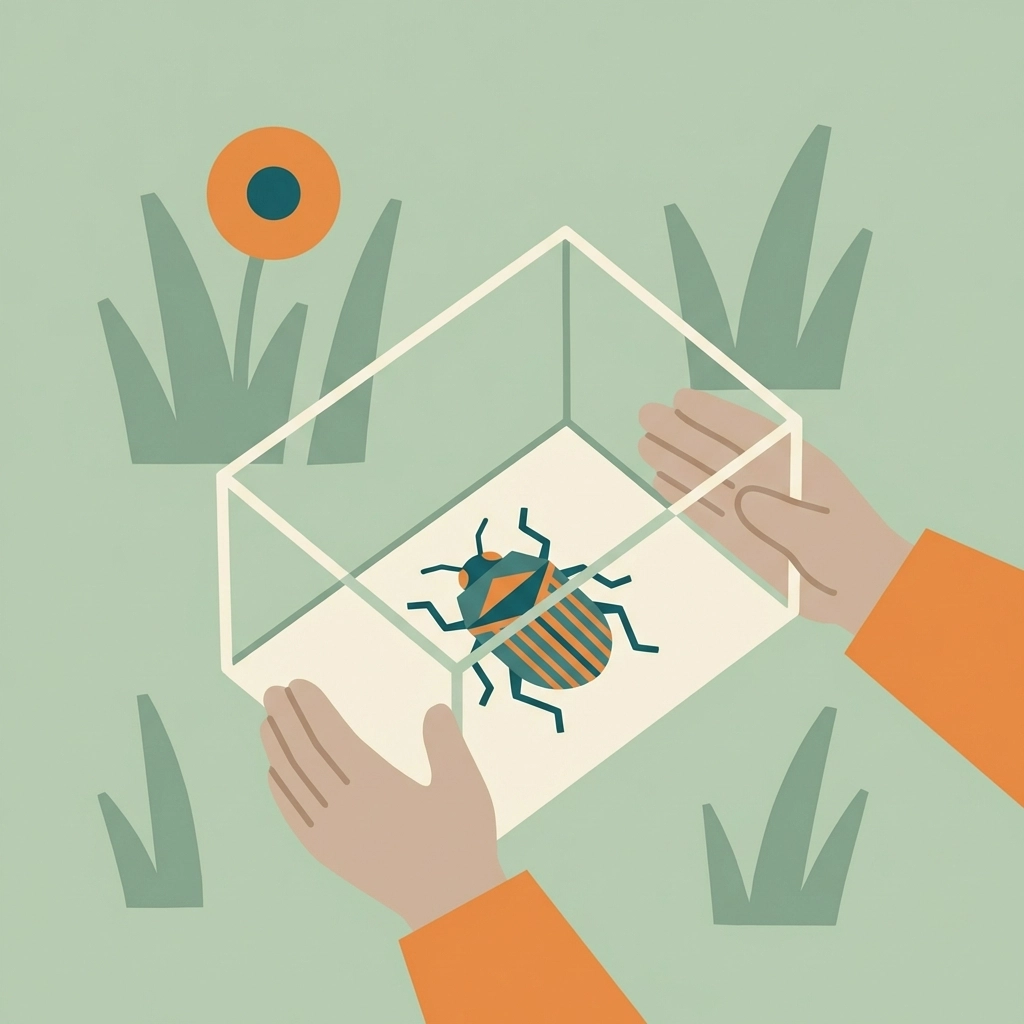 Child holding bug viewing container with beetle in backyard, illustrating insect safari kit for outdoor discovery