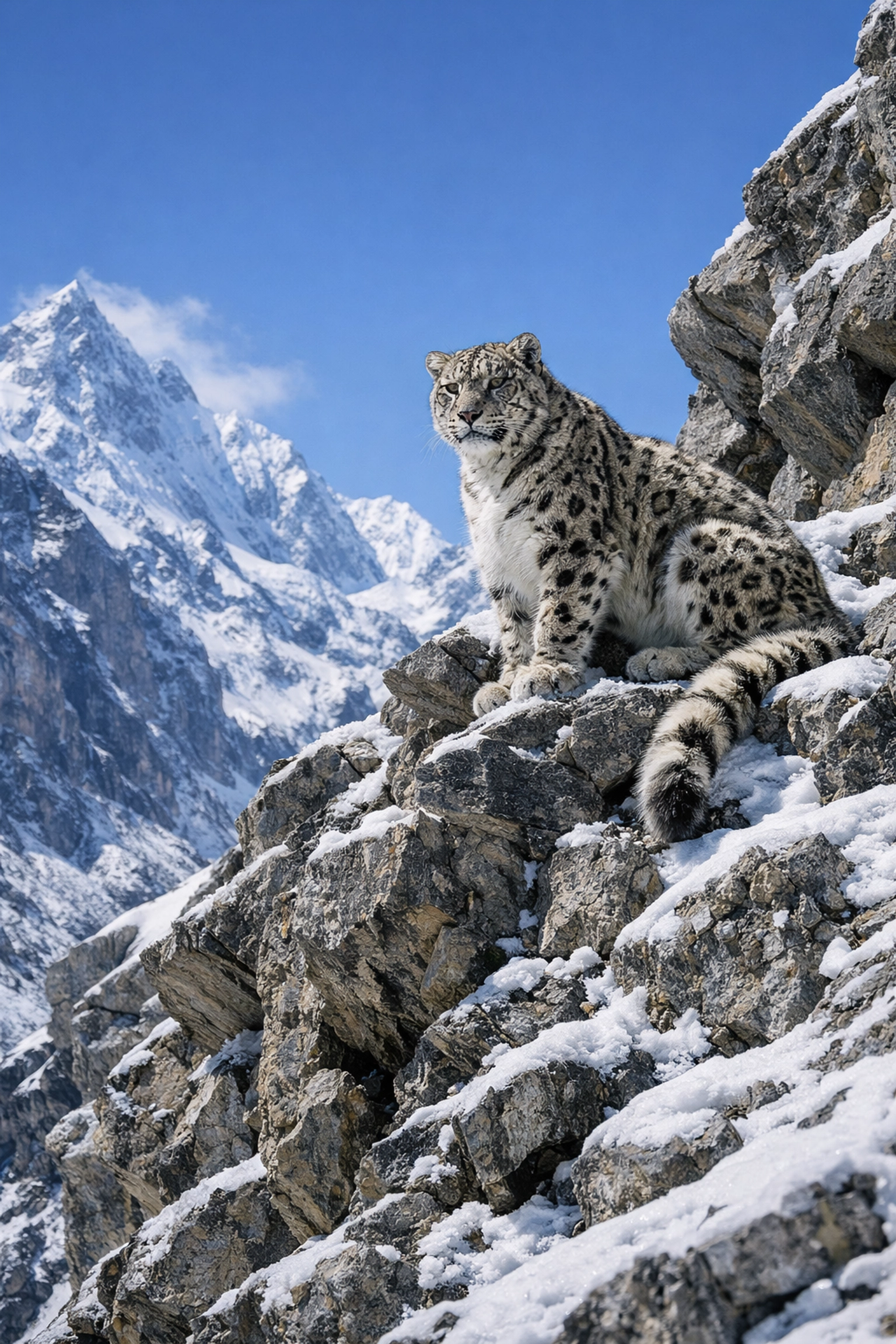 Endangered snow leopard camouflaged on a snowy Himalayan cliff, illustrating the preservation of life.
