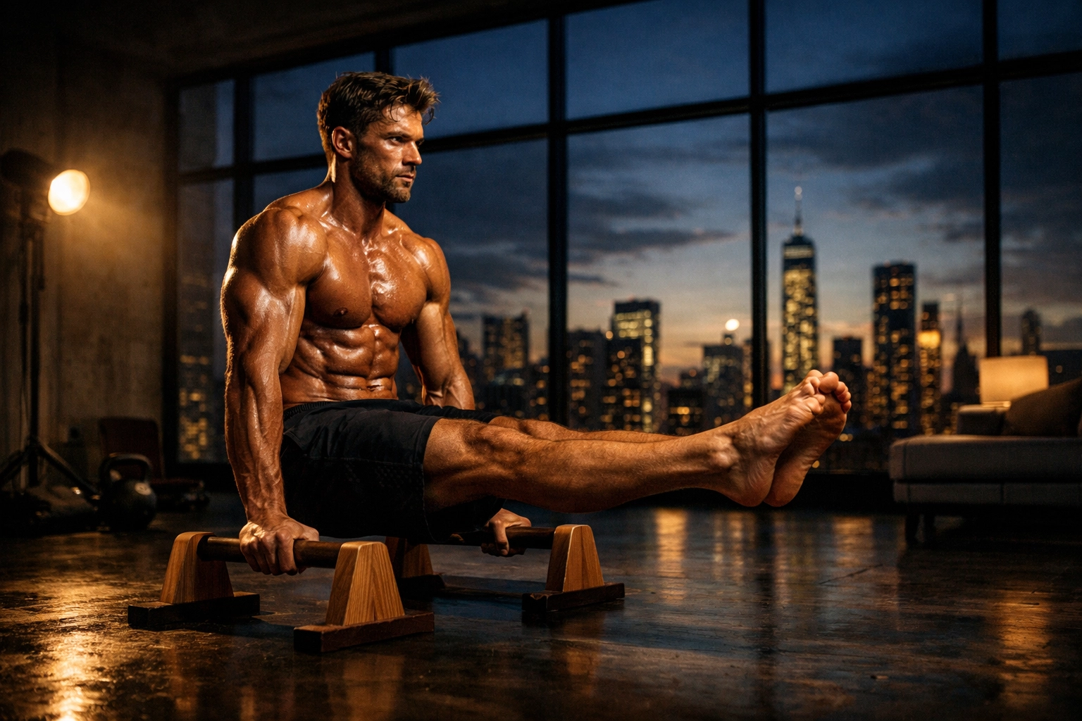 Athlete performing an L-sit on wooden parallettes, essential calisthenics equipment for home.