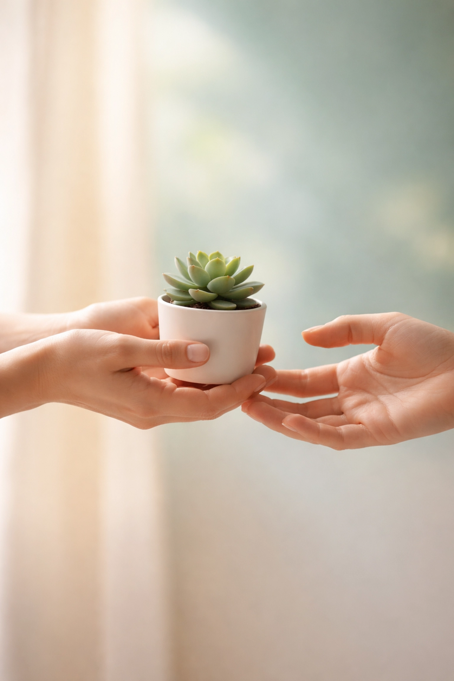 Two hands exchange a potted plant, representing mutual support and chosen family in the LGBTQ+ community.