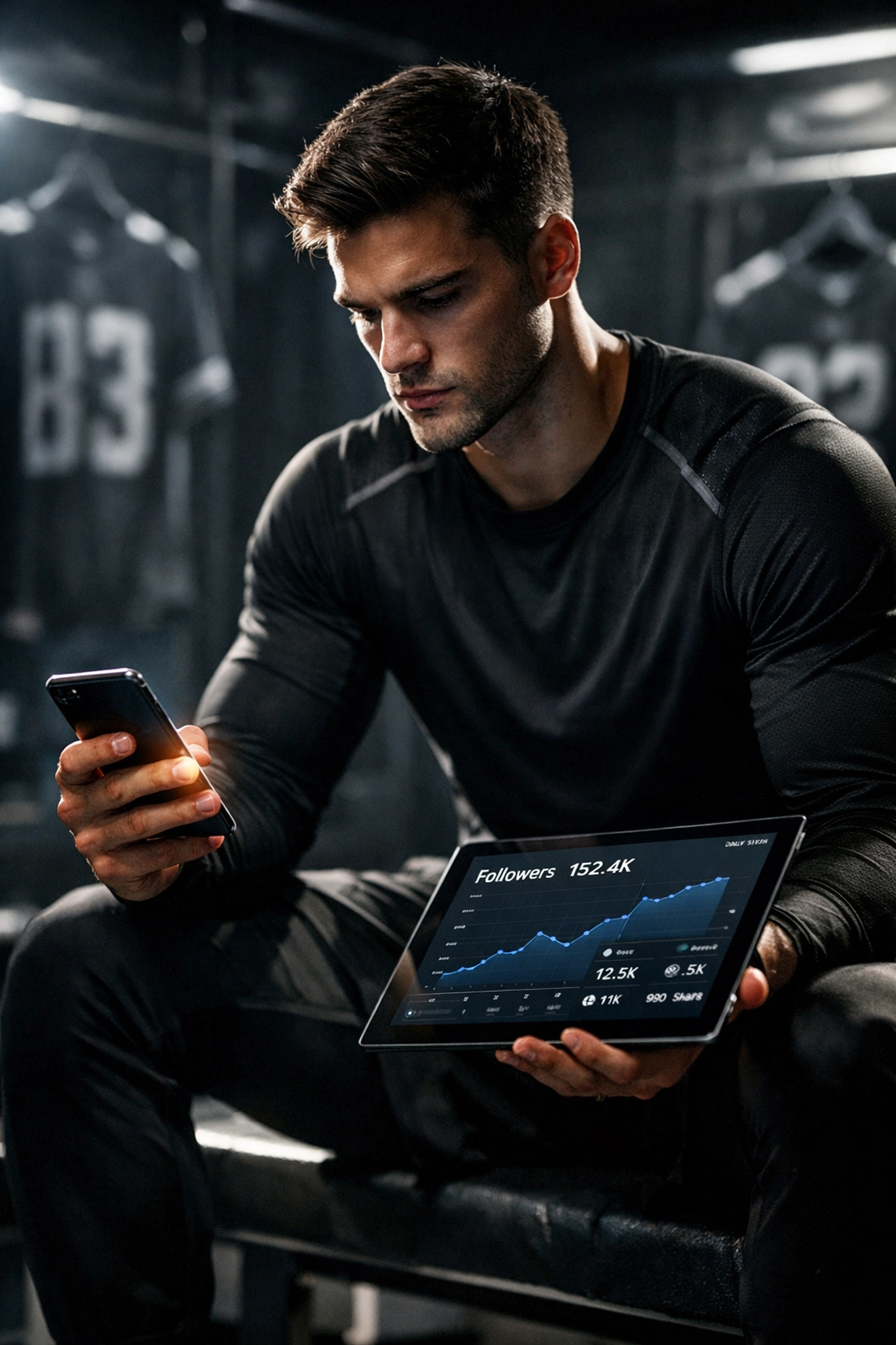 College athlete reviewing social media analytics on a tablet in a locker room to build their NIL brand.