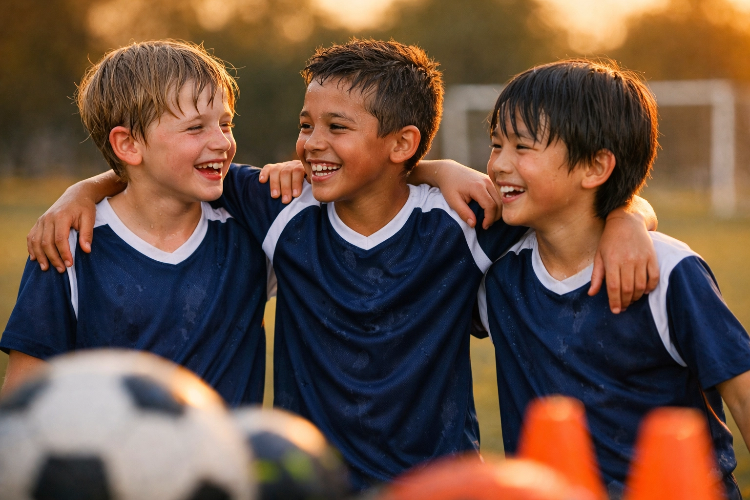 Young soccer teammates showing camaraderie after MLS GO practice