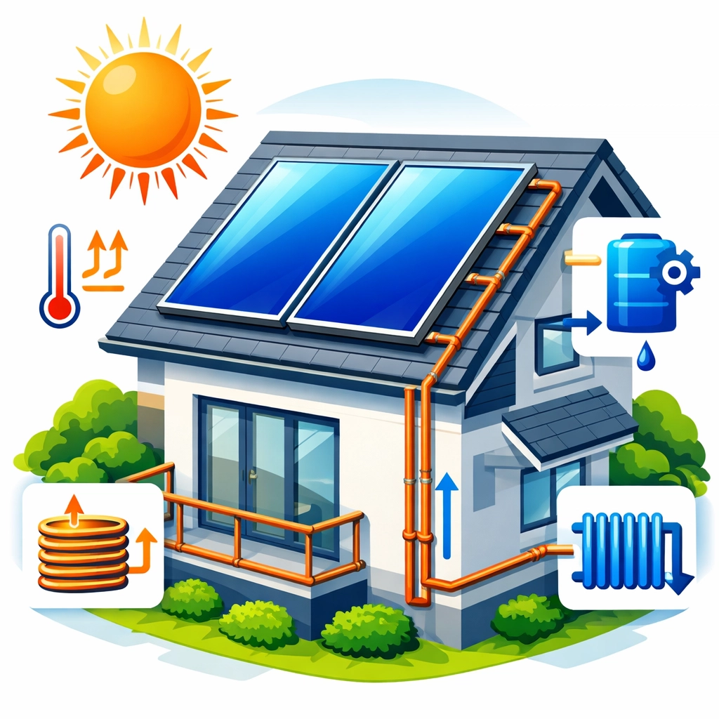 Solar thermal collectors mounted on Surrey home roof with copper piping transferring heat to hot water system