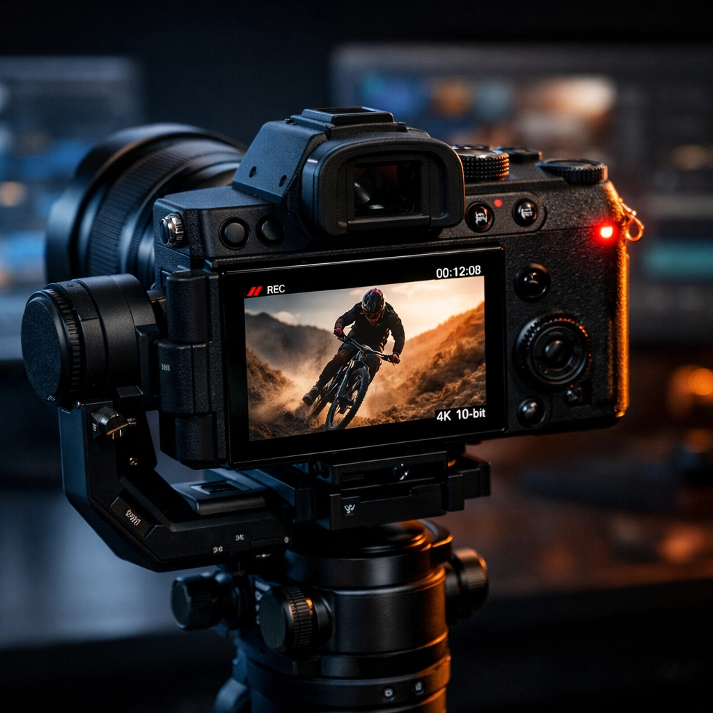 Professional mirrorless camera on a gimbal showing AI-powered features for video creators.
