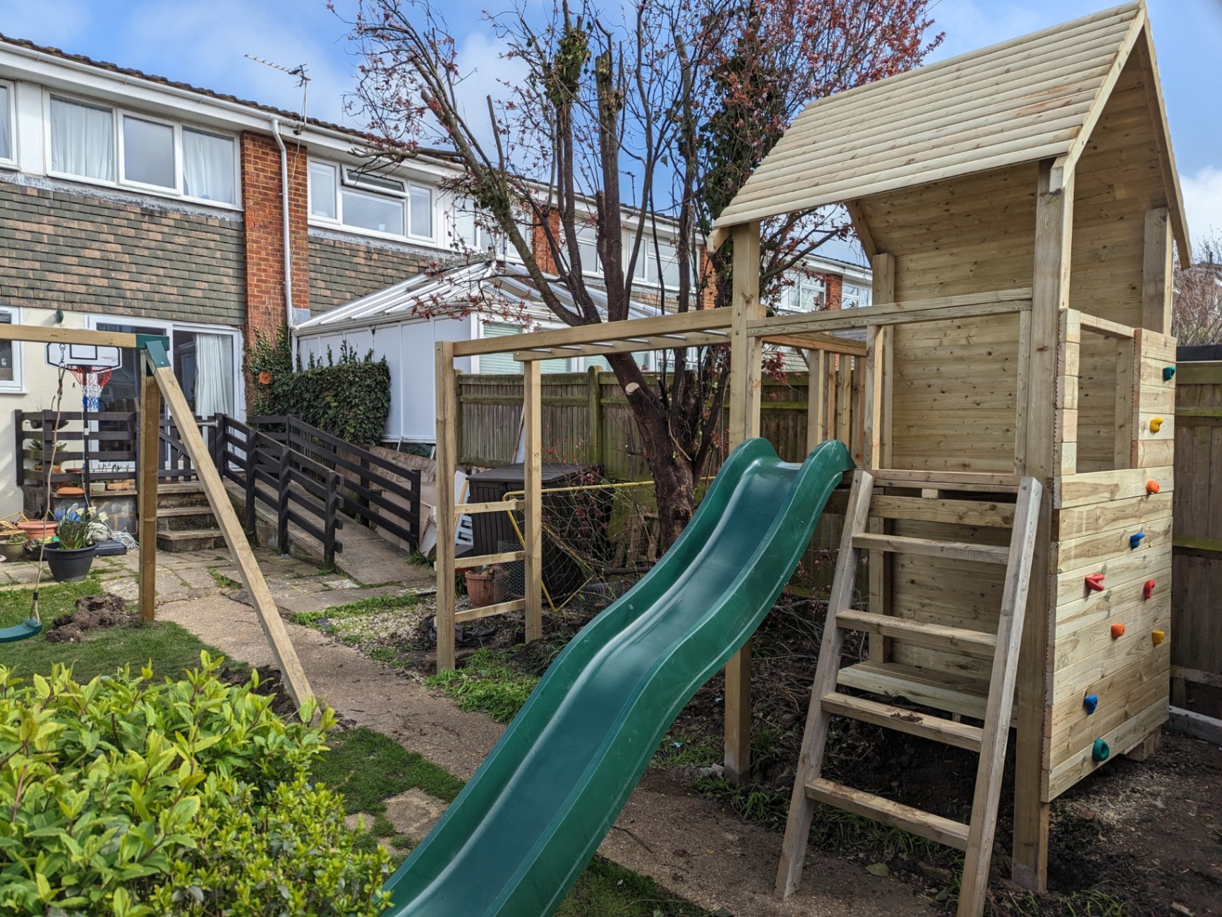 Custom-built wooden climbing frame