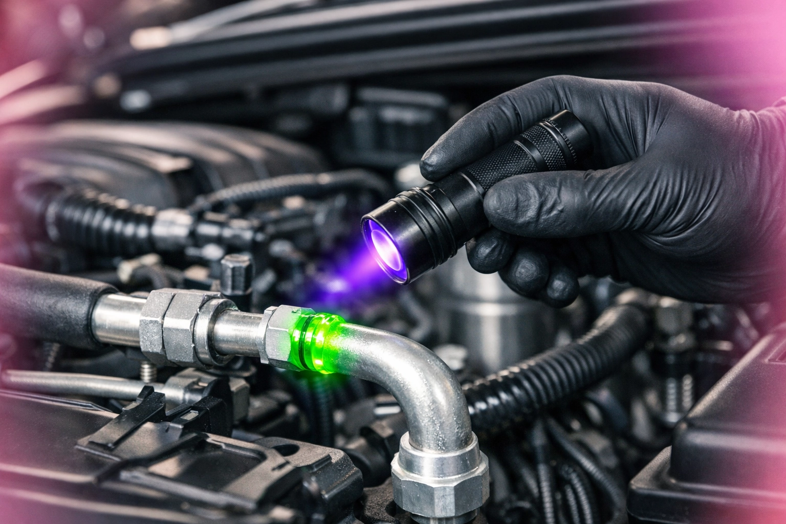 Expert technician using UV light to find a refrigerant leak during an AC repair service in Cottonwood AZ.