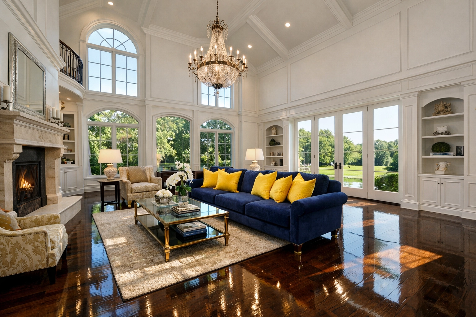 A luxury Westford living room with polished hardwood floors after a professional deep cleaning service.