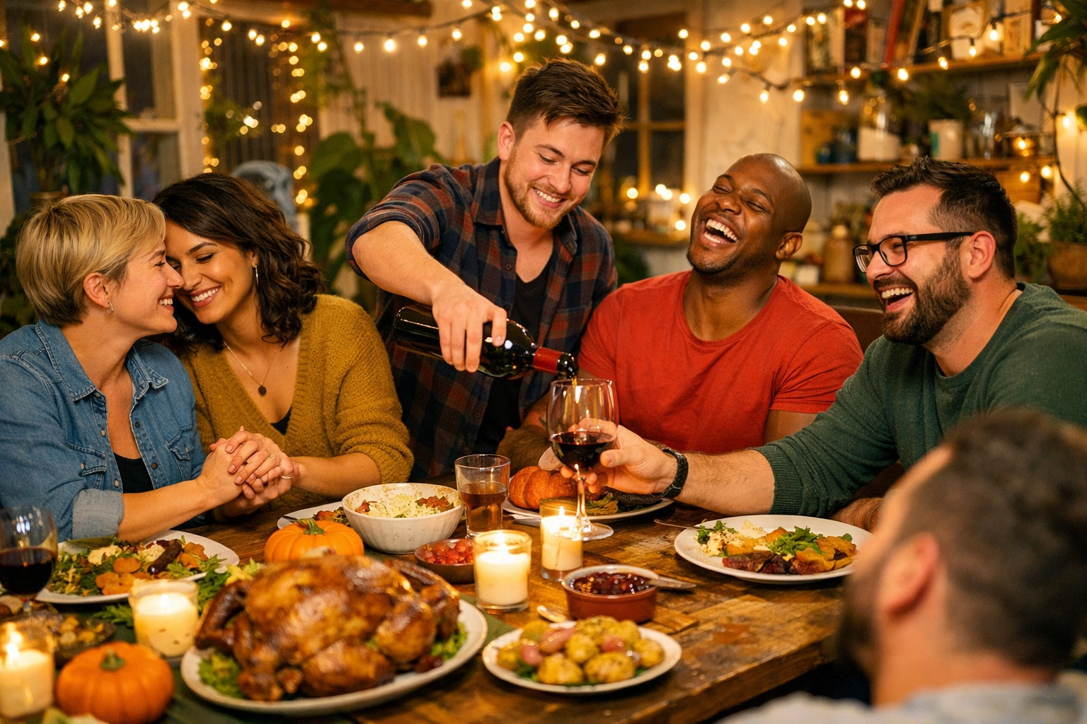 A diverse group of LGBTQ+ friends enjoys dinner together, celebrating the milestone of building a chosen family.
