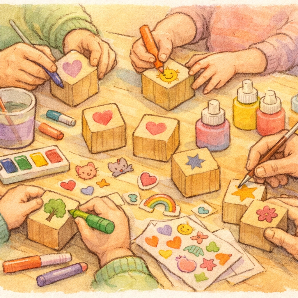 Family decorating Truth Blocks craft together to learn Assemblies of God doctrine