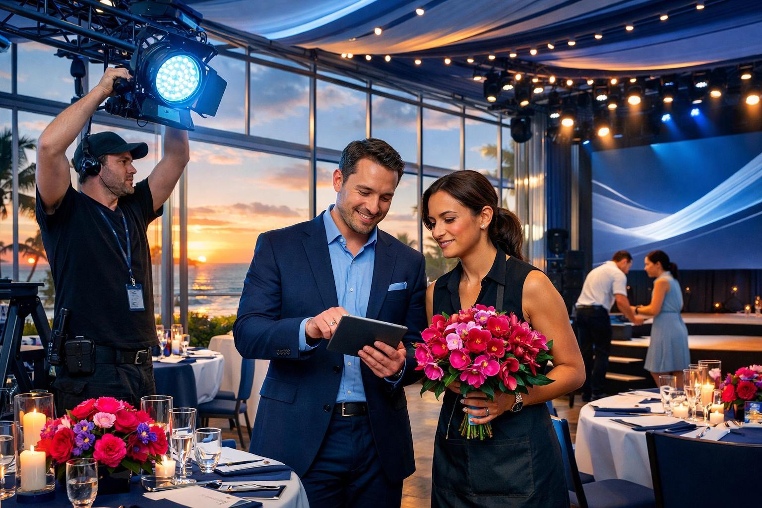 Event professionals coordinating a luxury destination corporate event setup in a glass pavilion at sunset.