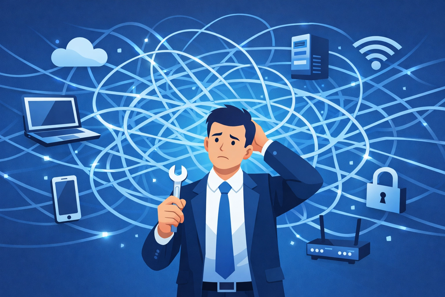 Business professional overwhelmed by complex network connections, highlighting the value of managed IT support