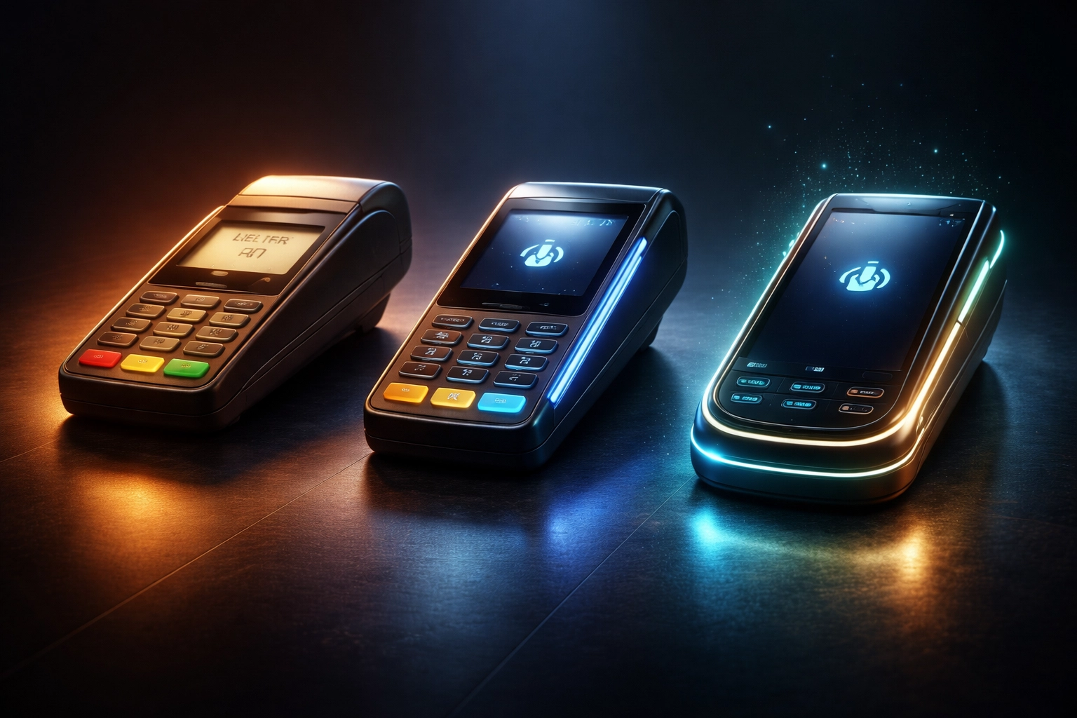 Three crypto POS payment terminals showing evolution from legacy systems to modern Web3 payment solutions