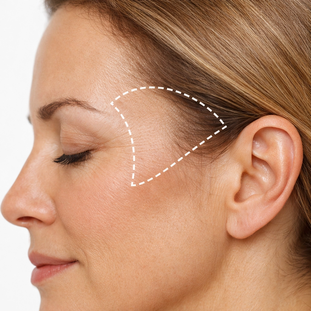 Close-up of hollow temple area showing volume loss and aging signs