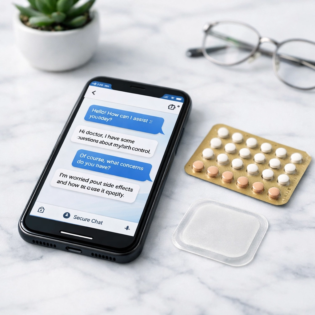 Secure medical messaging on a phone next to birth control pills and a patch for an online prescription.