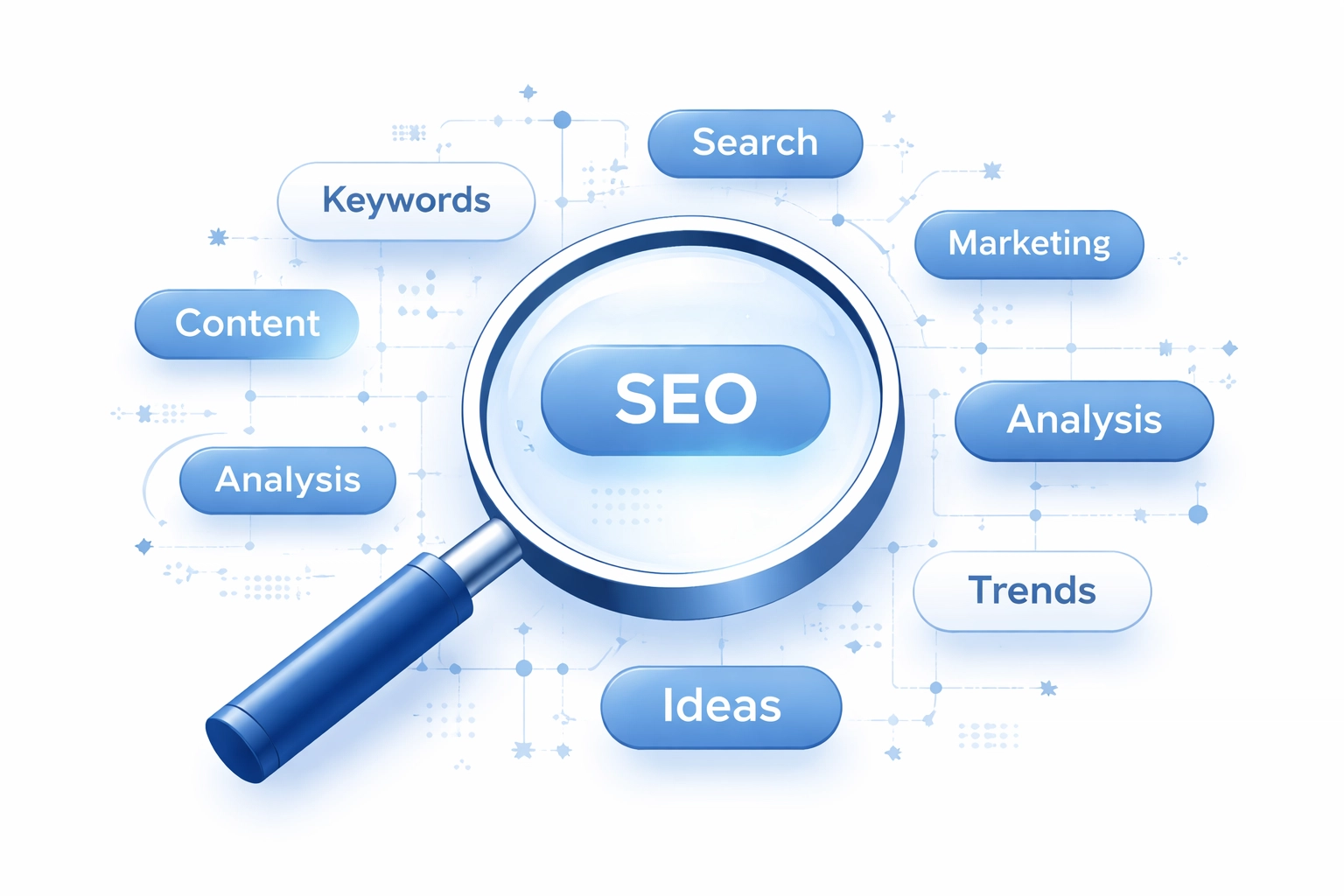 Magnifying glass highlighting keyword tags symbolizing keyword research for effective SEO strategy