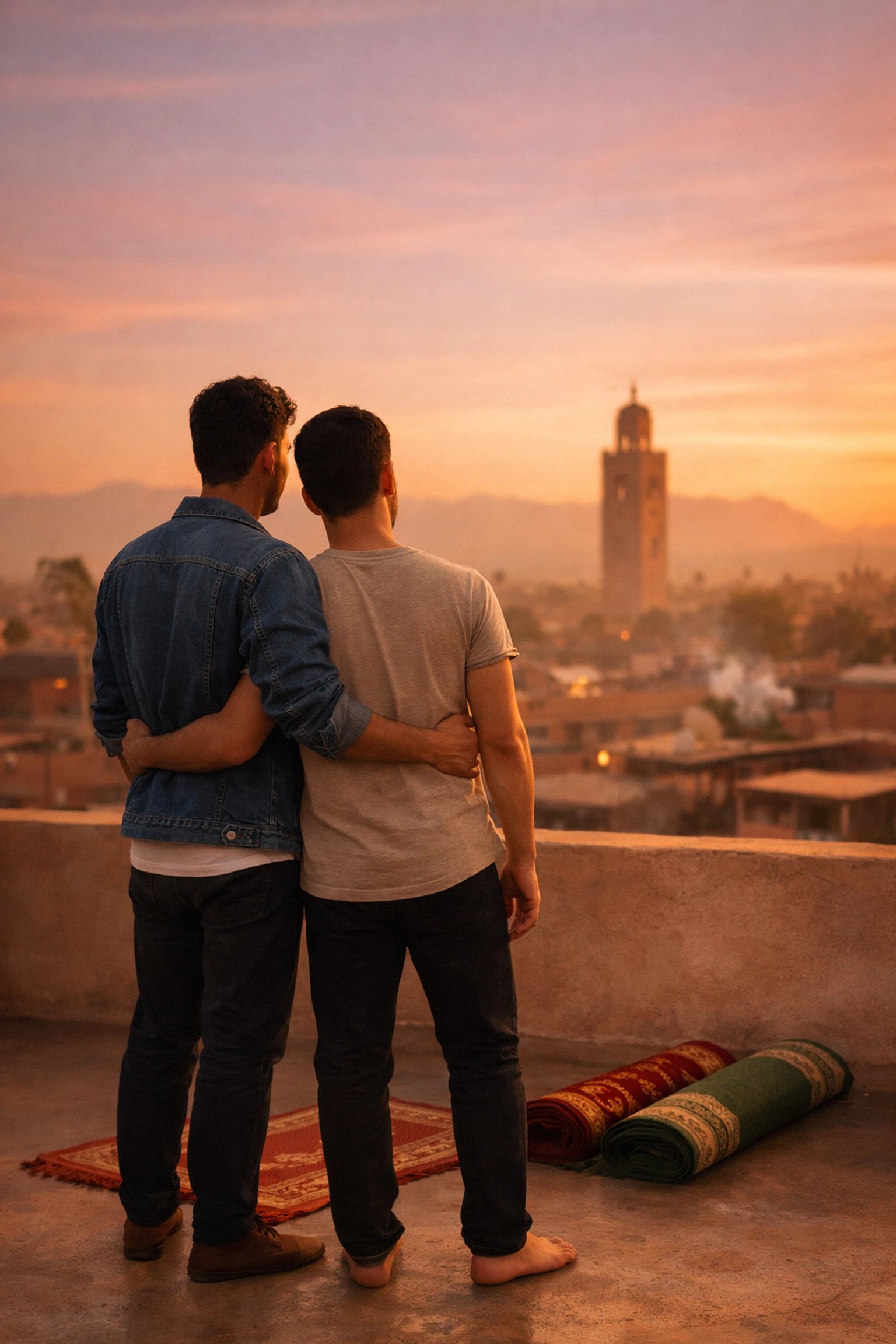 Two men on Marrakech rooftop at sunset with Koutoubia minaret - faith and queer love