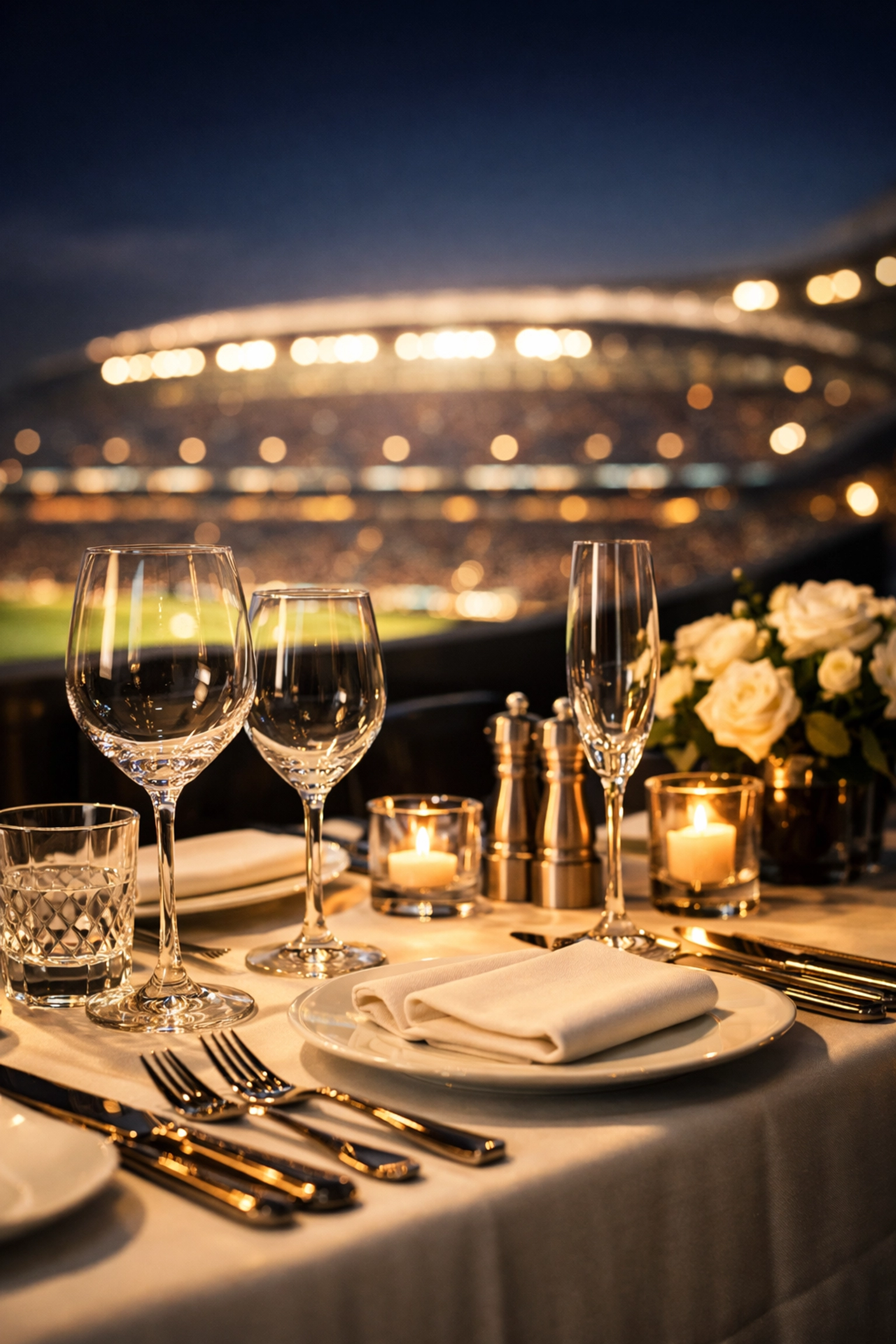 Elegant executive dining setup overlooking a stadium, enhancing brand equity through luxury hospitality.